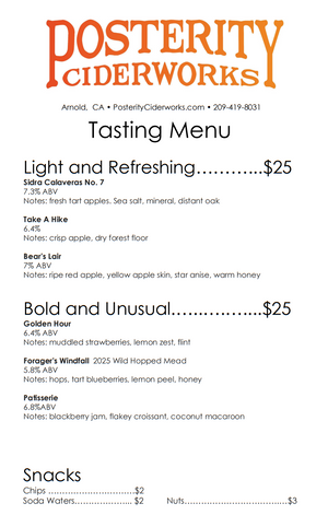 A printed tasting menu and snack list for Posterity Ciderworks, with beverage descriptions, prices, and snack items on a white background.