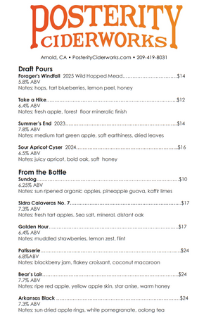 A printed or digital product information sheet for Posterity Ciderworks, listing various cidery ales and beers with names, AB percentages, prices, and bar codes on a white background.